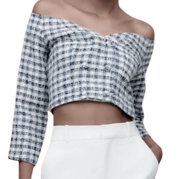 Zara Tops - ZARA Off The Shoulder Textured Checkered Crop Top 3/4 Sleeve NWT Size Large